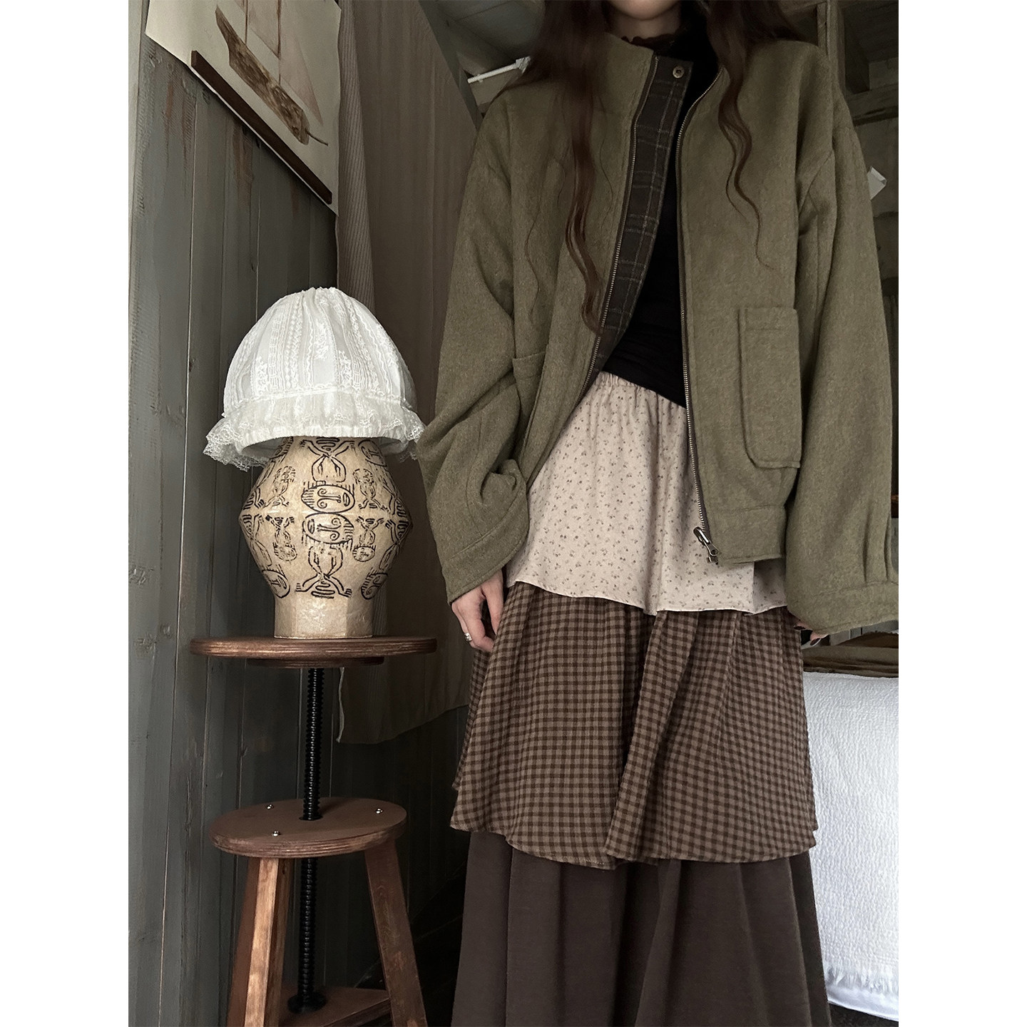 JMWOMEN 绿色复古立领格子毛呢外套女冬季宽松保暖一衣双面穿外套,淘宝优惠券,粉丝福利购,淘宝优惠卷