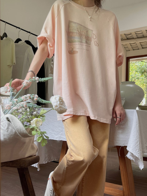 Jmwomen peach ສີບົວພິມເສື້ອທີເຊີດແຂນສັ້ນຂອງແມ່ຍິງວ່າງ