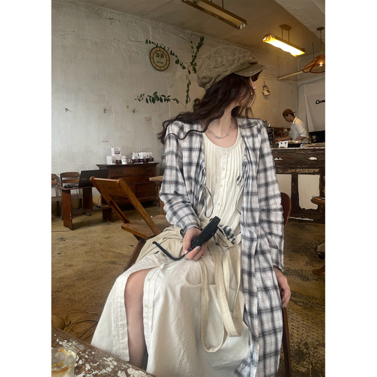 JMWOMEN Retro Art Plaid Long Sleeve Dress Women's Autumn Loose Fake Two-piece Design Long Shirt Skirt