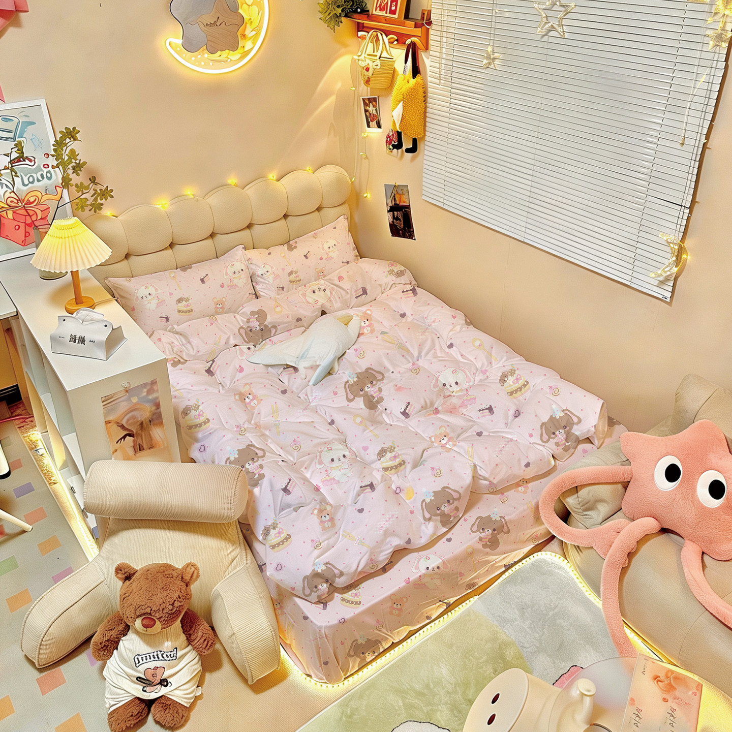 甜点兔纯棉四件套少女风三件套亲肤透气床品浅粉可爱床单被套卡通