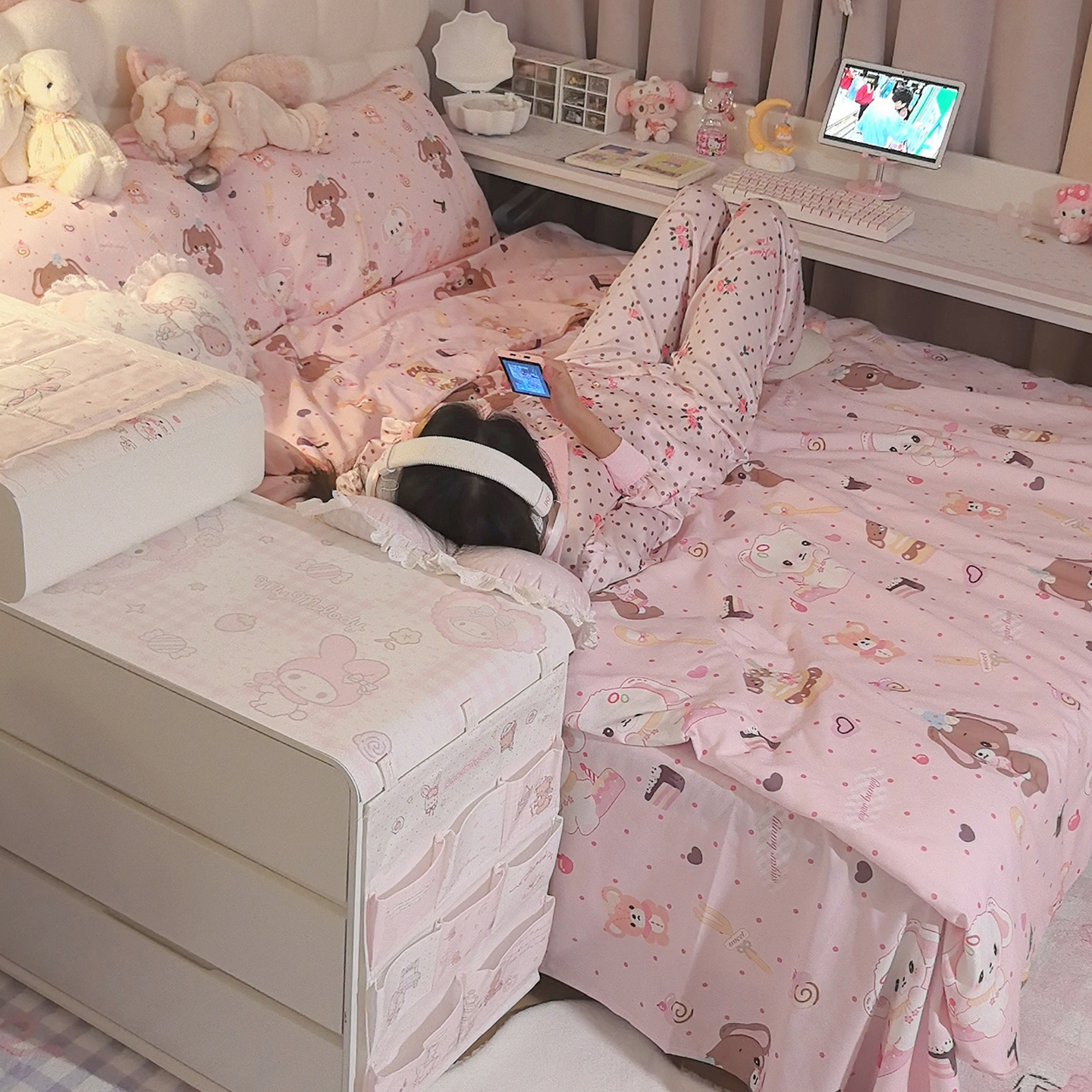 甜点兔纯棉四件套少女风三件套亲肤透气床品浅粉可爱床单被套卡通