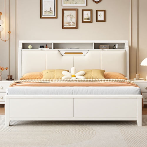 实木床白色1米8储物双人床主卧简约现代轻奢奶油风2025新款软靠床 - 图1