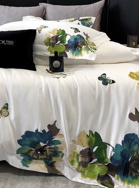 100支澳棉新中式国风四件套 全棉水墨画刺绣床单被套床上用品1.8m