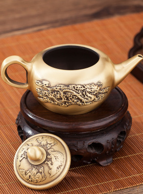 黄铜龙凤茶壶纯铜酒壶手把件工艺品古典家居客厅创意摆件小茶壶