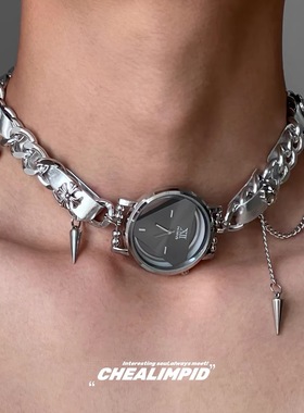 小众设计时间表盘克罗金属皮革项圈个性y2k千禧辣妹少女项链颈链