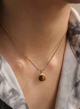 虎眼石吊坠男款潮流高级感小众不掉色美式复古毛衣链子R