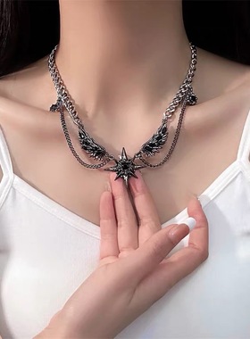 暗黑芒星翅膀镶钻项链嘻哈街头男女颈链ins小众设计高级感锁骨链