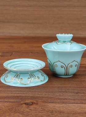 供水杯供佛水杯佛供杯供奉杯子陶瓷描金茶碗杯碧玉绿釉盖碗杯摆件