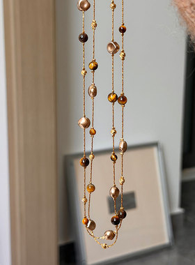 秋冬美拉德虎眼石珍珠长款项链