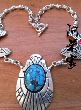 美国印第安925纯银天然高瓷绿松石大吊坠项链 设计师手工古董首饰