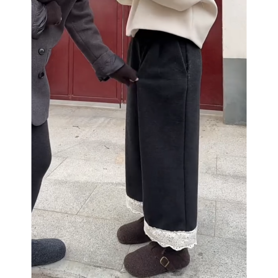 景倩妮今年流行蕾丝边百搭毛呢裤2024冬季新款加绒高腰显瘦阔腿裤,淘宝优惠券,粉丝福利购,淘宝优惠卷