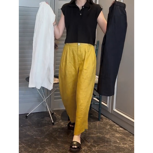 超火黄色亚麻裤休闲裤女2025年夏季裤子薄款阔腿裤九分直筒裤女款 - 图2