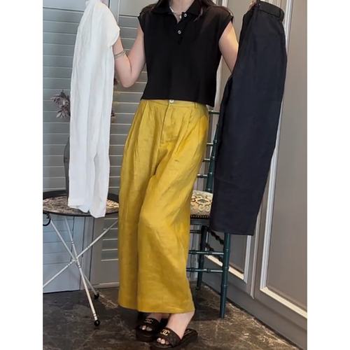 超火黄色亚麻裤休闲裤女2025年夏季裤子薄款阔腿裤九分直筒裤女款 - 图1