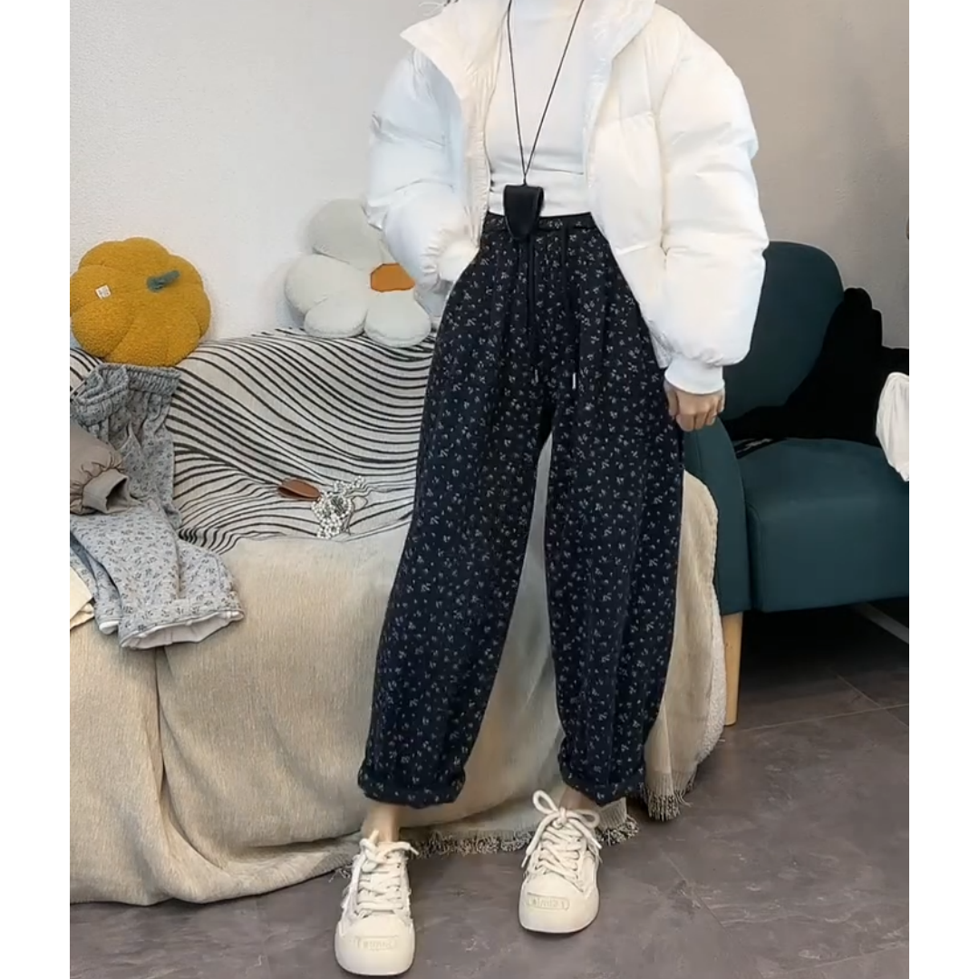 景倩妮韩系小碎花休闲卫裤2024年冬季新款加绒高腰显瘦九分哈伦裤,淘宝优惠券,粉丝福利购,淘宝优惠卷