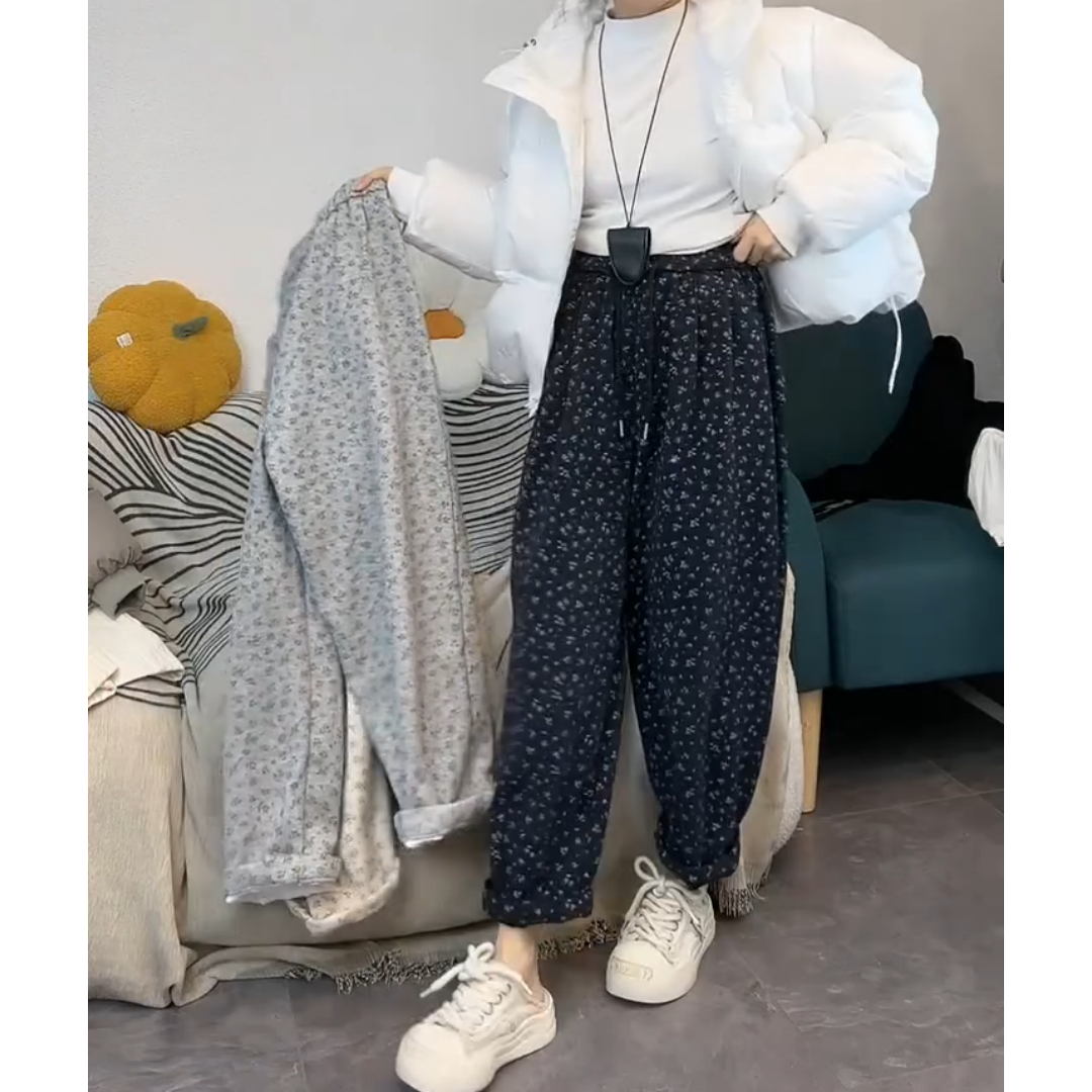 景倩妮韩系小碎花休闲卫裤2024年冬季新款加绒高腰显瘦九分哈伦裤,淘宝优惠券,粉丝福利购,淘宝优惠卷