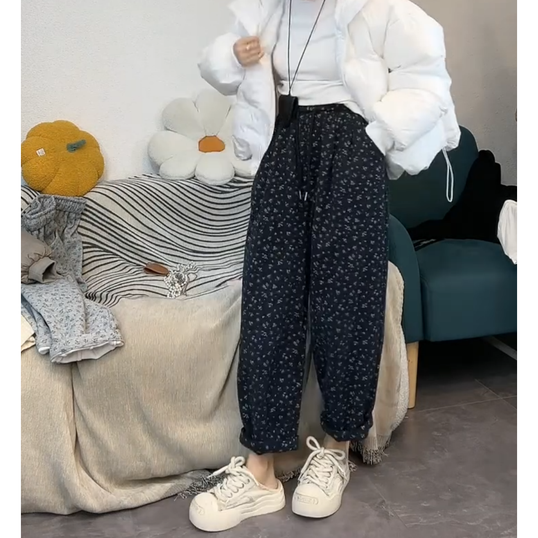 景倩妮韩系小碎花休闲卫裤2024年冬季新款加绒高腰显瘦九分哈伦裤,淘宝优惠券,粉丝福利购,淘宝优惠卷