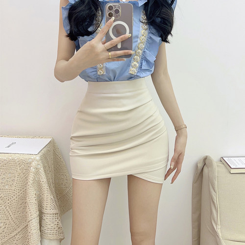 黑色包臀裙短款女春秋半身裙OL职业高腰紧身褶皱百搭不规则一步裙 - 图0