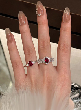 S925银 夜宴】鸽血红粉色椭圆红刚玉时尚百搭轻奢戒指女