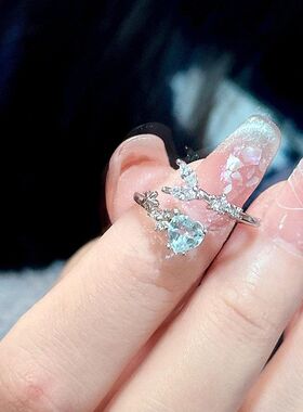 S925纯银 美人鱼】海蓝爱心钻尾戒指气质甜美小众个性食指戒