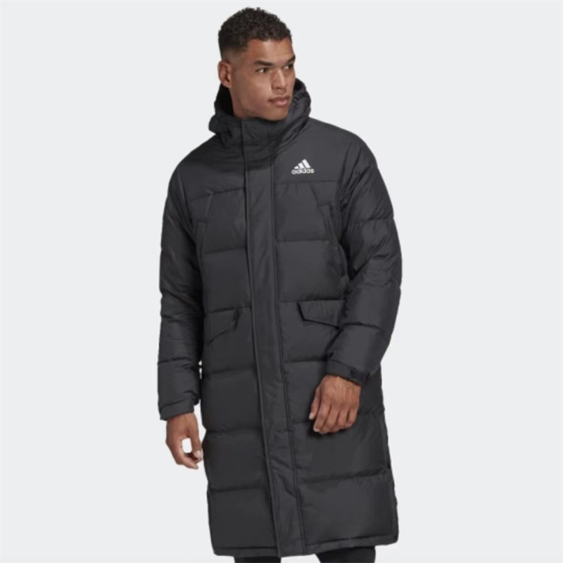 圆圆体育 adidas秋冬新款男款黑色 户外运动长款连帽羽绒服GK0664 - 图2