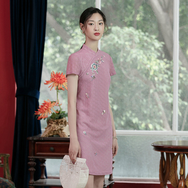 渔牌连衣裙2021新款减龄蕾丝刺绣优雅气质名媛改良旗袍女ffnb0171