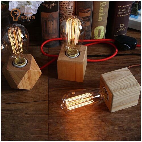床头卧室灯泡台灯实木爱迪生钨丝灯复古灯木砖装饰灯氛围灯礼物 - 图2