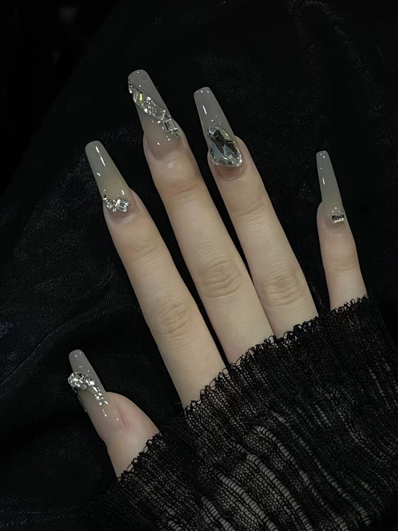 长款梯形高级感青灰色闪钻美甲成品假指甲贴片纯手工可拆卸穿戴甲-图2