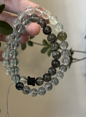 木-天然水晶绿幽灵孔雀石绿檀木绿幽灵手串手串五行喜木生日礼物