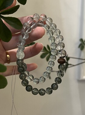 木-天然水晶绿幽灵孔雀石绿檀木绿幽灵手串手串五行喜木生日礼物