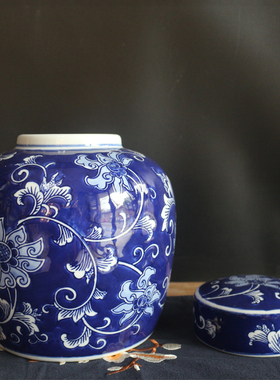 景德镇陶瓷蓝底仿古风储物罐花瓶