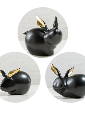 手工雕塑黑色陶瓷兔子摆件家居饰品轻奢样板间客厅桌面软装饰品