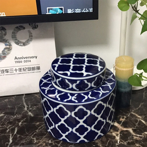 中式古典青花陶瓷圆罐储物罐摆件 美式混搭酒柜玄关家居装饰花瓶 - 图1