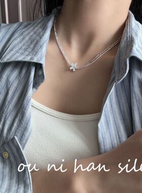 花朵双层叠戴项链纯银女