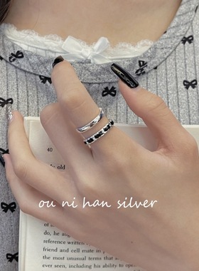 双层黑色滴胶戒指纯银小香风女