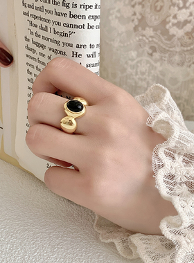 白玉髓黑玛瑙戒指纯银日韩女