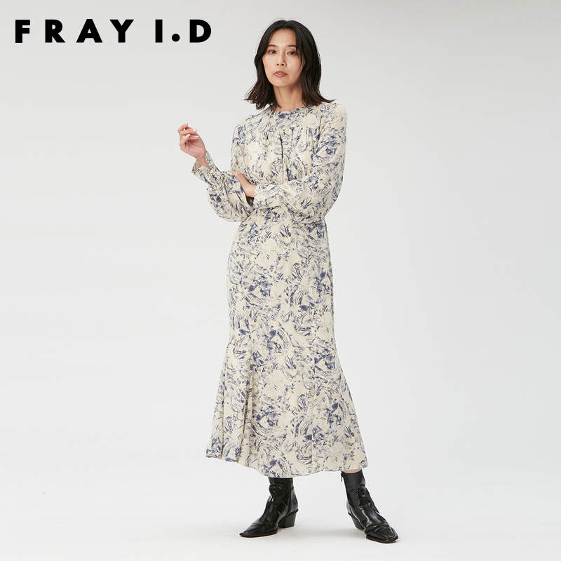 FRAY I.D2023秋冬新品优雅复古印花系带收腰鱼尾连衣裙FWFO235023-图2