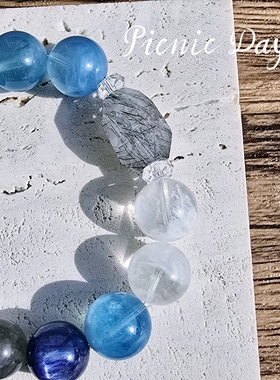 Long高定私享天高任鸟飞 正宫红胶花蓝晶石黄胶花绿幽灵水晶手串