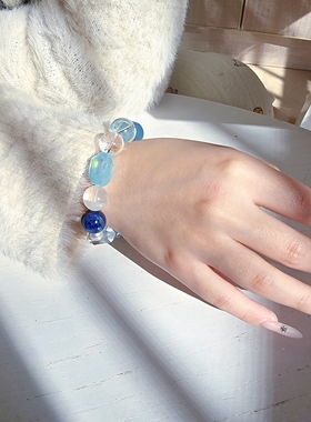 Long高定私享 乘风破浪 天然圣玛丽亚海蓝宝精品蓝晶石白水晶手串