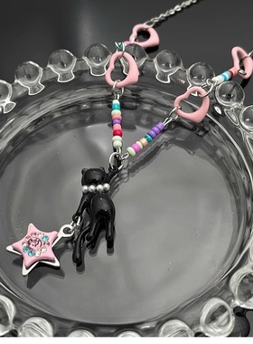 可爱偷星黑色小猫咪项链女款2025新款甜酷风锁骨链夏天百搭脖颈