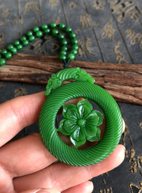 双龙护主玉佩项链玉石花开富贵吊坠圆牌车挂男女情侣款毛衣链挂件