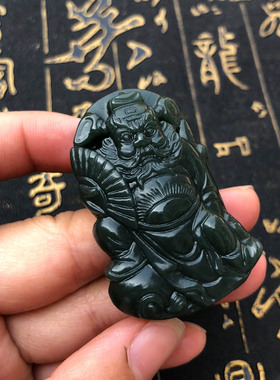 天然和田玉钟馗捉鬼项链证书吊坠
