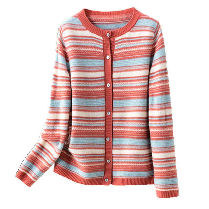 2025春装新款女装针织开衫女圆领条纹上衣宽松毛衣外套秋短款外搭,淘宝优惠券,粉丝福利购,淘宝优惠卷