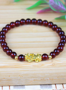沙金仿金招财貔貅石榴石手链