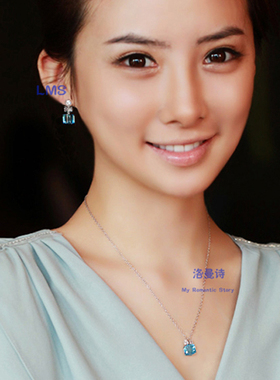 蝴蝶结蓝色水晶耳环项链首饰品套装女925银韩国版短款锁骨链配饰