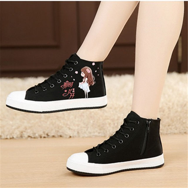 21 Spring And Autumn High Top White Canvas Shoes Girls Students Korean Flat Graffiti Cloth Shoes