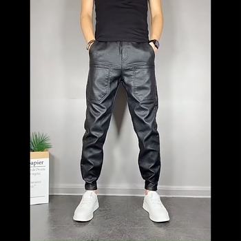 ດູໃບໄມ້ລົ່ນແລະລະດູຫນາວຜູ້ຊາຍ velvet thickened ບາດເຈັບແລະ elastic ລົດຈັກຫນັງ pants samurai ສີດໍາ windproof ກັນນ້ໍາອົບອຸ່ນເກົ້າຈຸດ pants