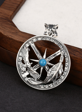 S925纯银个性 印第安航海飞鹰羽毛圆盘吊坠 复古潮人饰品项链挂坠