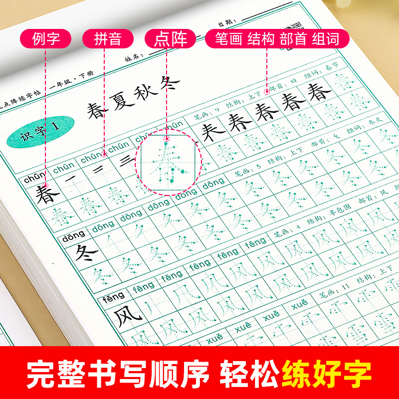 点阵同步字帖一年级字帖练字上册下册小学生专用练字帖每日一练小学二年级三年级四五六语文人教版硬笔书法练字本字贴儿童笔画笔顺 - 图0