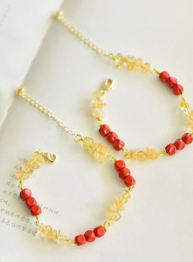 高含量红砂碎碎冰手串水晶搭配不规则珠手链纯手工清新优雅饰品