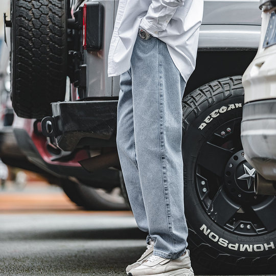 马登工装美式水洗丹宁软牛仔裤九分直筒深蓝宽松休闲长裤子男秋